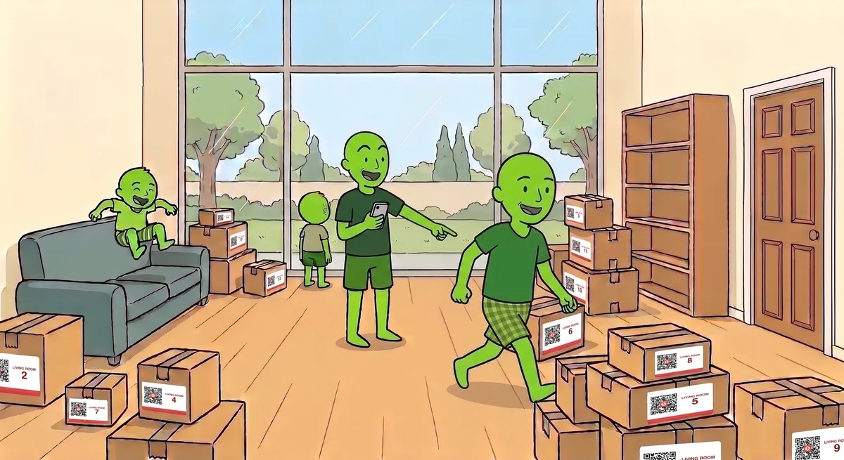 A family in their new home easily finding what they need from labeled boxes